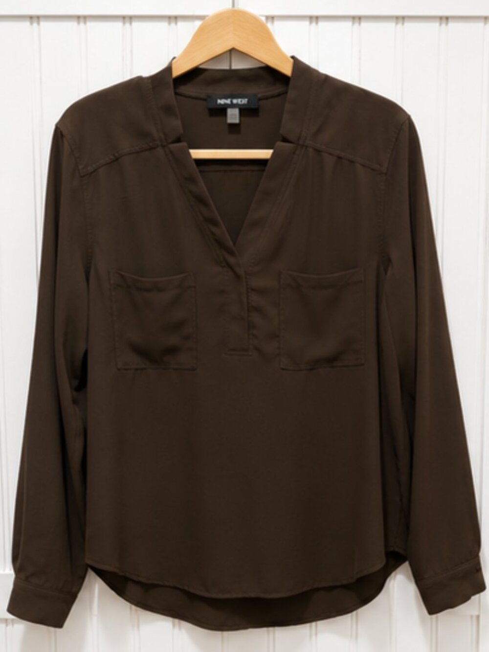 Nine West Brown Split Neck Blouse Size Large Long Sleeve Career Office Chic Top